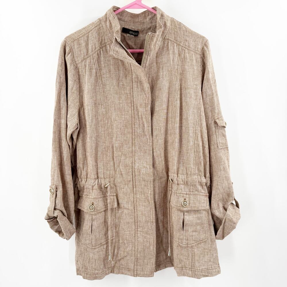 RENUAR Linen Cotton Jacket Size Large Lightweight Zipper Pockets Cinch Waist